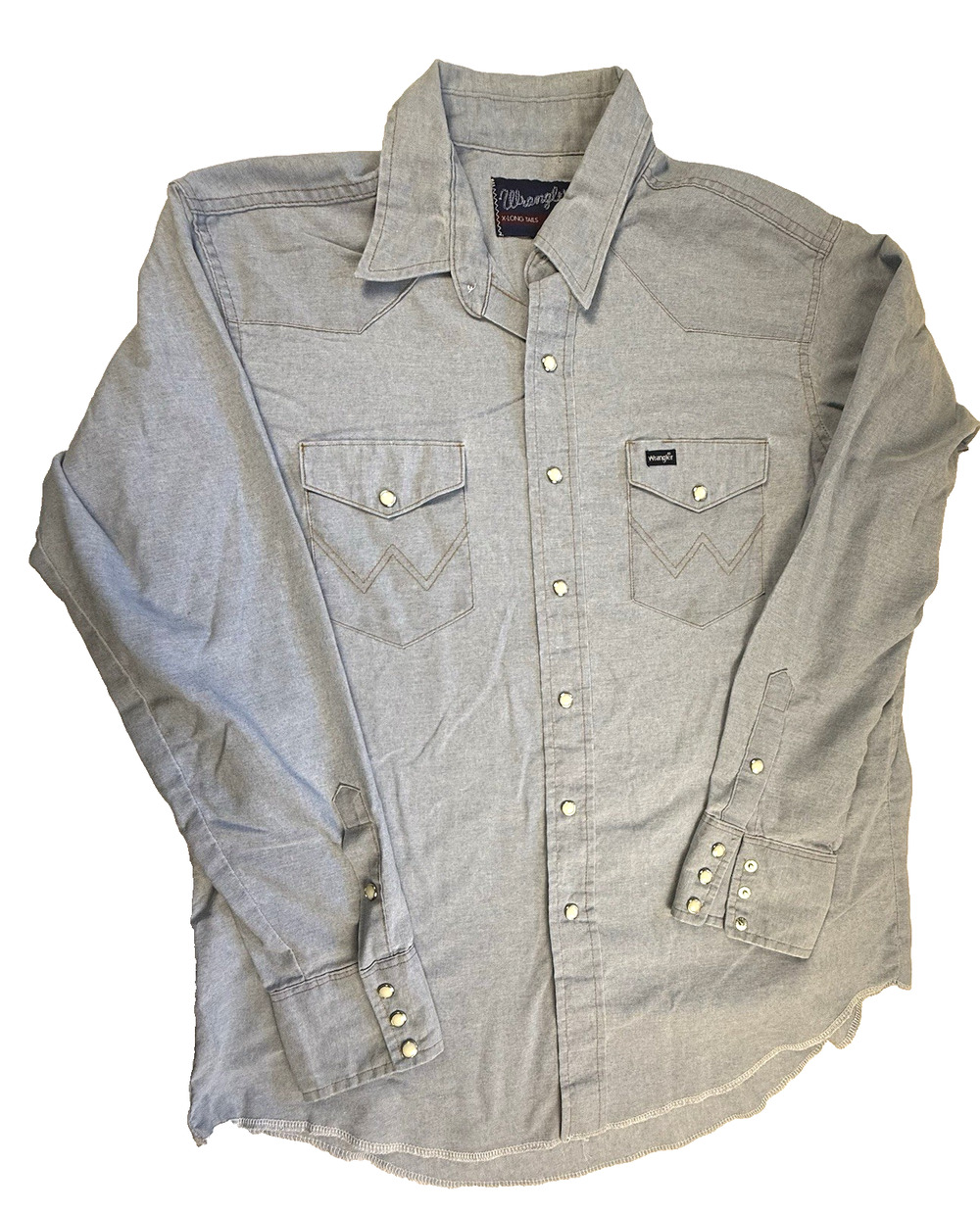 Vtg Wrangler Western Pearl Snap Shirt Long Tail 17-35 Chambray Light Blue Rodeo